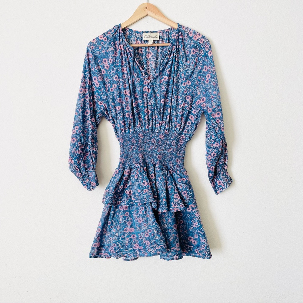 Cleobella XS Bianca long sleeve smocked waist blue & purple floral mini dress